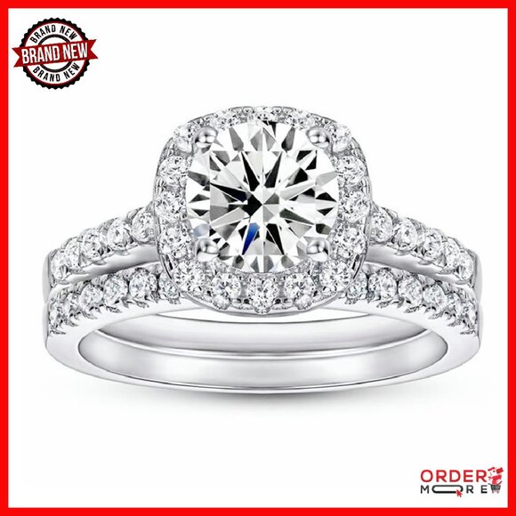 Jewelry - Platinum Plated Silver Moissanite Bridal Set Ring Size 8.5